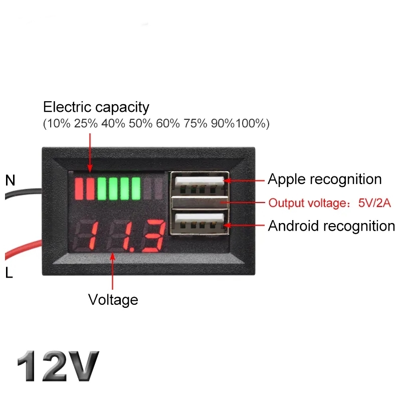 Dijital%20Voltmetre%20Ekranlı%205V%202A%20USB%20iOS-Android%20Çıkışlı%2012V%20Akü%20Kapasite%20Göstergesi