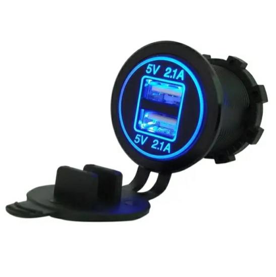 PANEL TYPE DUAL USB CAR CHARGER SOCKET 12-24V 2.1A BLUE